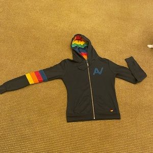 AVIATOR NATION zip up hoodie with striped detail on sleeve and inside hood